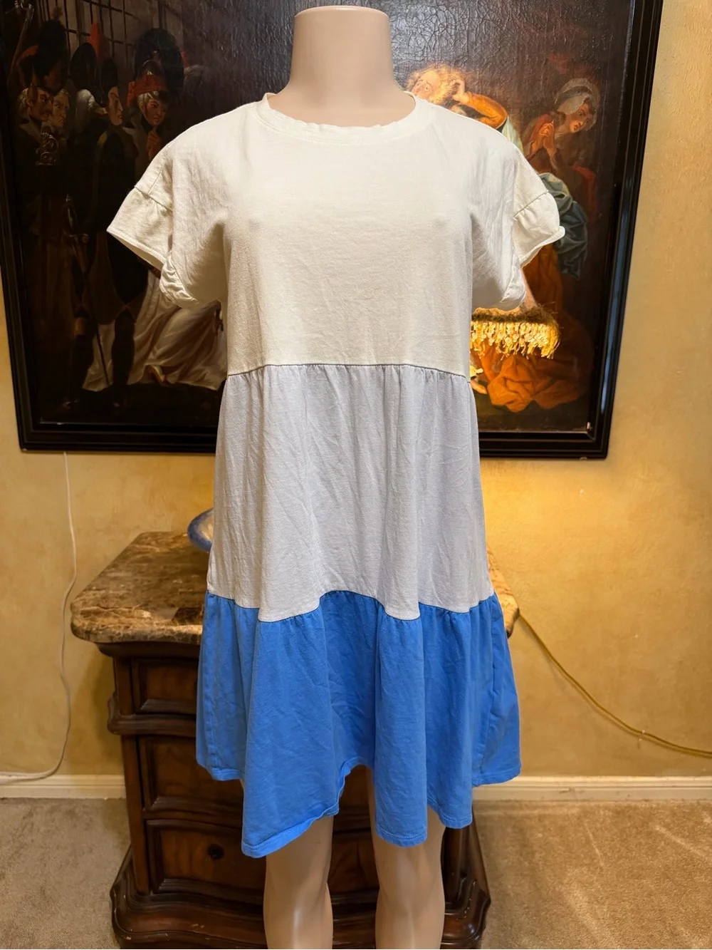J. Crew White and Blue Colorblock Tiered Mini Dress